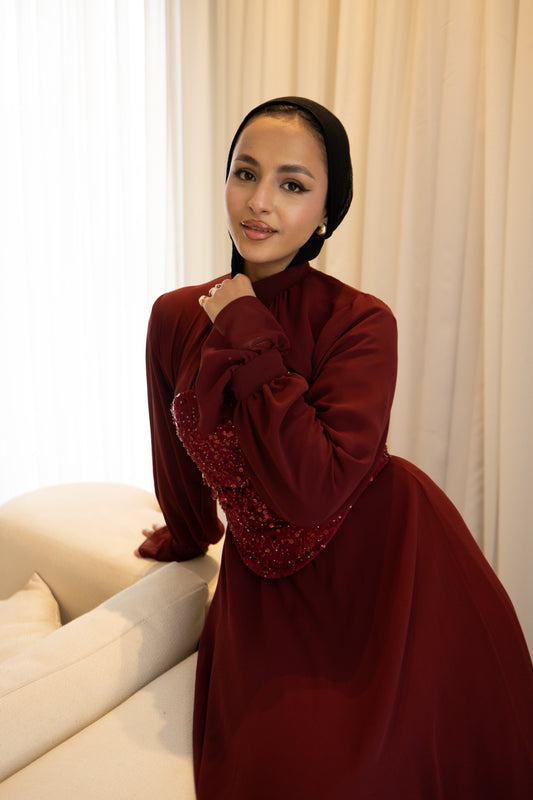 "Mila” dress in burgundy